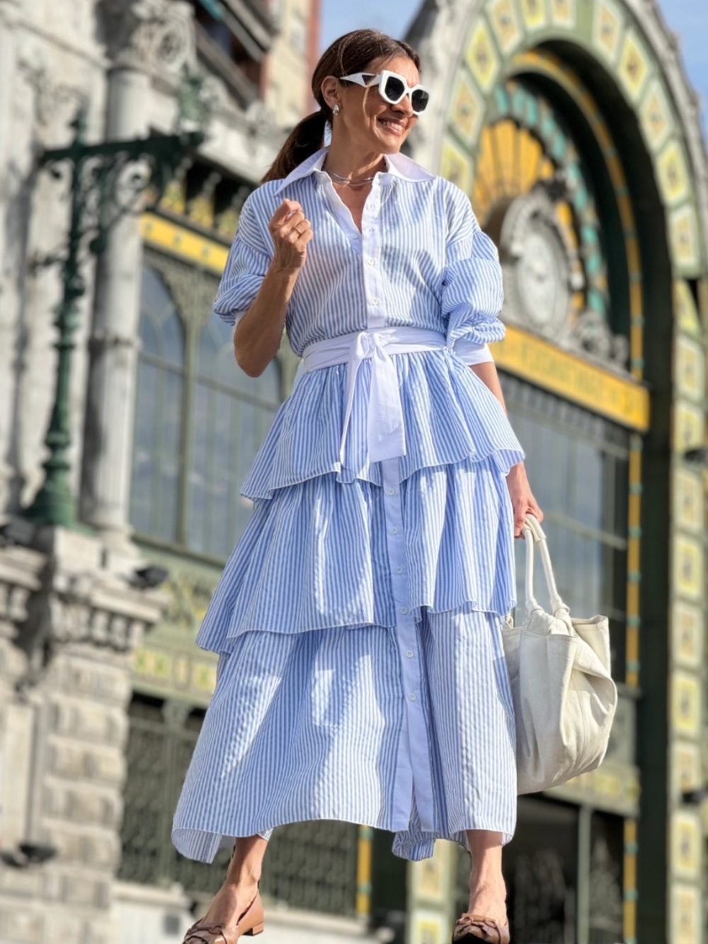 Marielle Almelo Brittany Blue Stripes Dress Egyptian Cotton Blue White OS - Picture 3 of 16